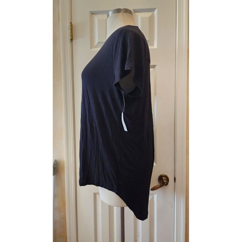 SIMPLY EMMA Short Sleeve Shirt Black with Ribbon Collar High/Low Hem 1X - Picture 4 of 7
