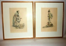 Frmd Vintage Germany Paul Geissler sgnd Etchings Mom & Pop Vegetable Sellers