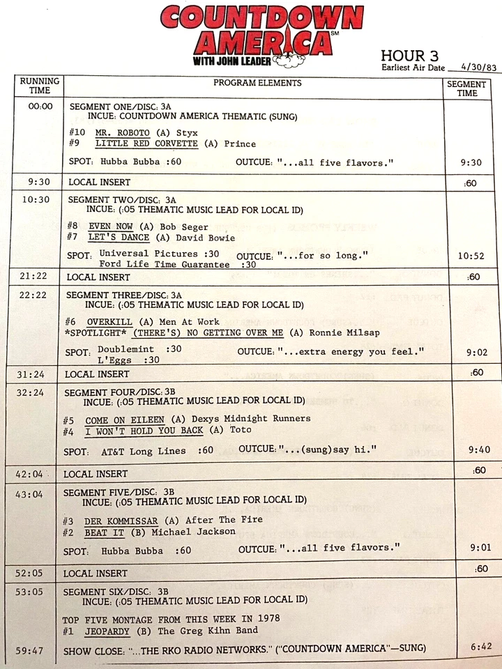 4/30/83 JOHN LEADER'S COUNTDOWN AMERICA, PRINCE, DEF LEPPARD, DURAN DURAN, STYX - Image 4 of 4