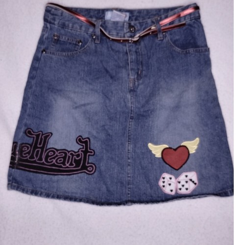 Blue Heart Jeans Denim Mini Skirt Y2K Heart Dice Painted Patches Womens Size 16 - Picture 6 of 12