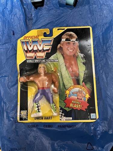 Vtg 90�s WWF Hasbro MOC Owen Hart figure YELLOW CA...