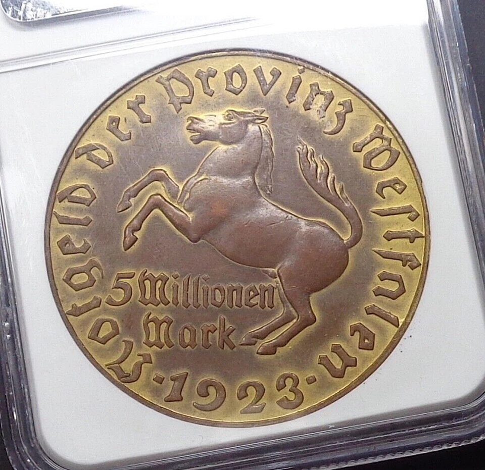 1923 Weimar Germany - Westphalia Gilt-Bronze 5 Million Mark Notgeld, NGC AU 58. - Image 4 of 4