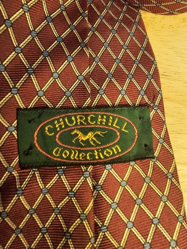 Churchill Collection Necktie Burgundy Cream And Blue Repeating Diamond Pattern - Picture 2 of 5