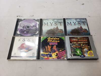 Vintage PC Game Lot Of 6 Myst Virtual Pool Command & Conquer The Arsenal Jukebox
