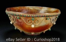 7.2" Old Tibetan Agate Carving Inliad Red Green Gemstone Round Bowl Bowls