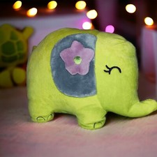 Carters Plush Elephant with Flower On Ear Green Grey Pink Lovey Doll Sewn Eyes