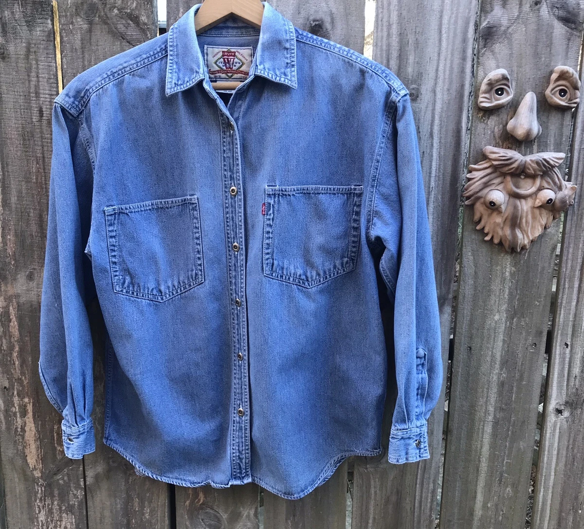 Vtg 90s Levis Red Tab Distressed Light Blue Jean Button Shirt Women's Medium