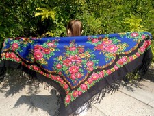 Vintage woolen large dark blue shawl with floral print and USSR