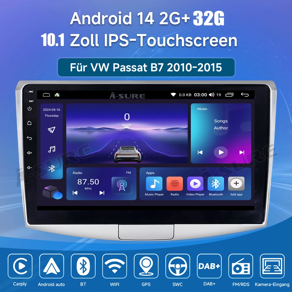 2+32GB Android 14 Autoradio Carplay GPS Navi +Kam für VW Passat B6 B7 Magotan CC - Bild 3 von 4