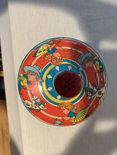 Vintage Ohio Art Company Tin spinning Top Wood Cowboy , Cowgirl and horse.