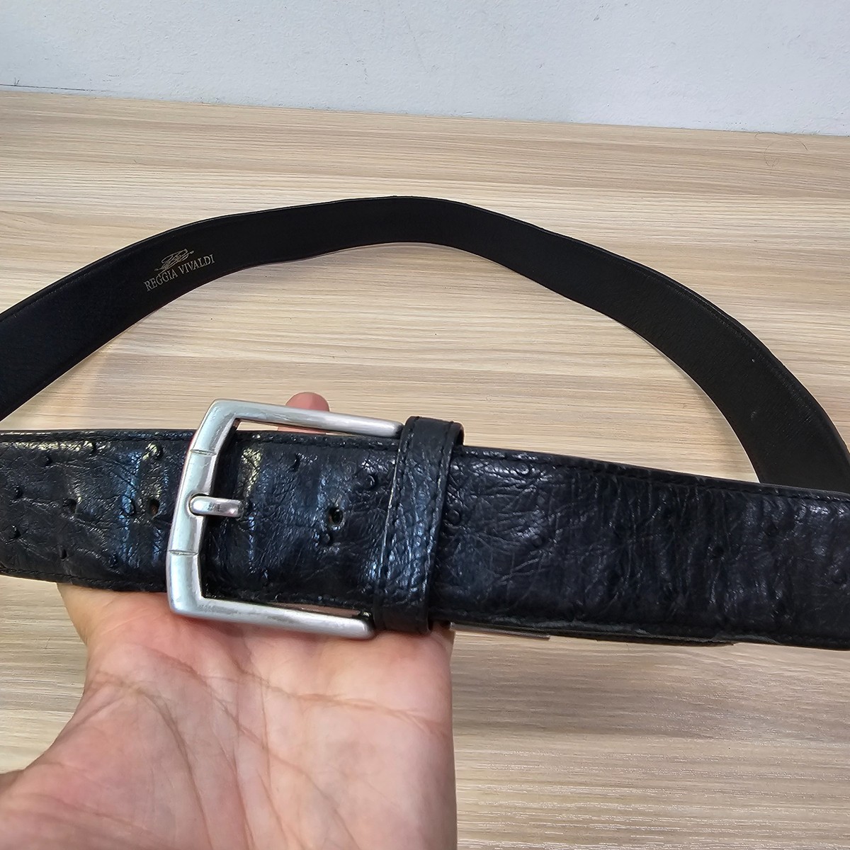 Genuine Ostrich Belt Mens 36 M Black Leather Silver Tone Buckle