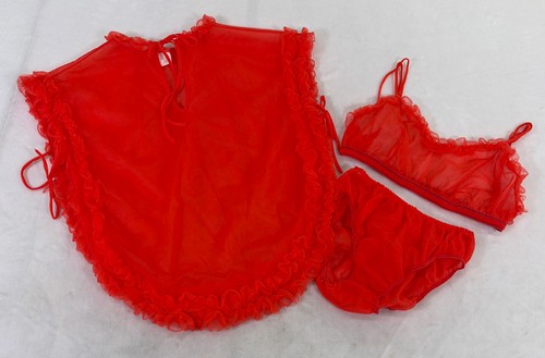 Vintage Sheer Red Bra, Bloomers and Smock Top Ruffled Trim Bows No Tags Charity