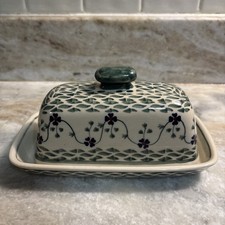 Boleslawiec Polish Pottery Blue Daisy Butter Dish with Cover Unikat