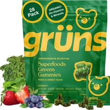Gruns Adults Super Greens Gummies, Superfood Gummy Bears 28 Packs