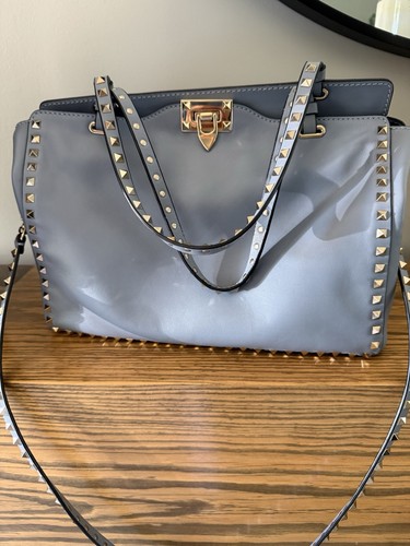 Valentino Rockstud Ivory Interior Tote Medium Blue Leather