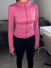 Women  s Pink Full Zip Track Jacket w/ Thumbholes Stretch Knit Polyester Size M
