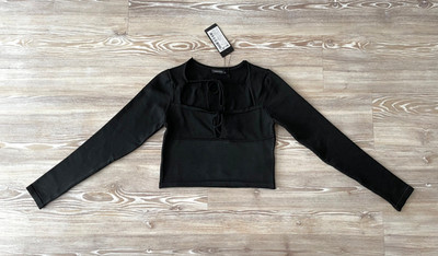Crop Top Langarm schwarz vorne zum Binden Stretch Cropped UK 8 - neu mit Etikett