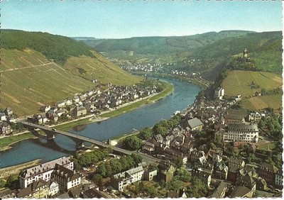 Postcard Cochem Moselle - view from the Pinnerkreuz, bridge, vineyards, castle - approx. 1965