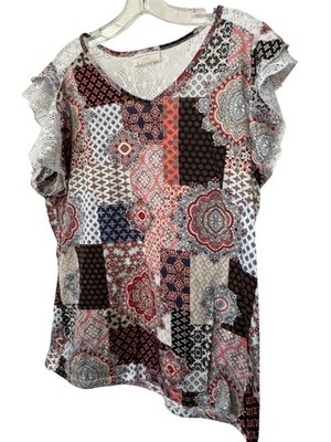 Bobbie Brooks XL Patchwork Print Top Boho Style Short Sleeve Casual Womens Shirt