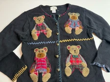 Rare Susan Bristol Bear Sweater Women’s Medium Black Art Cardigan Metal Button