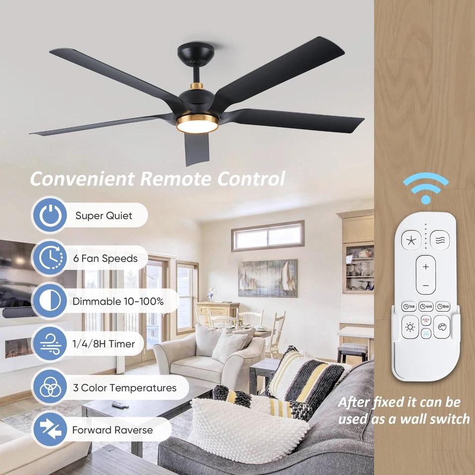 Ventilador de techo de 60 pulgadas con control remoto 5 aspas ABS ventilador silencioso de CC regulable de 6 velocidades LED Foto 3 de 4