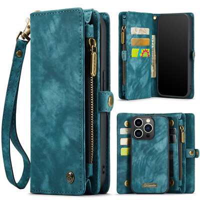 For iPhone 17 Pro Max 16 14 13 Magnetic Detachable Wallet Zipper PU Leather Case
