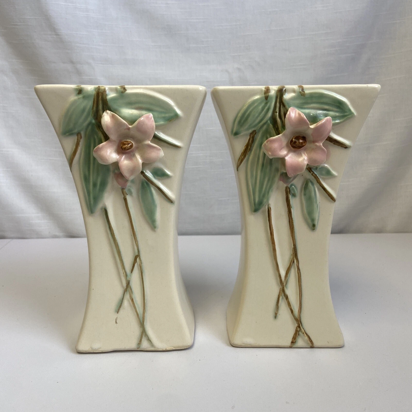 Vintage McCoy Blossom Time 8” Tall Vases Set Of 2
