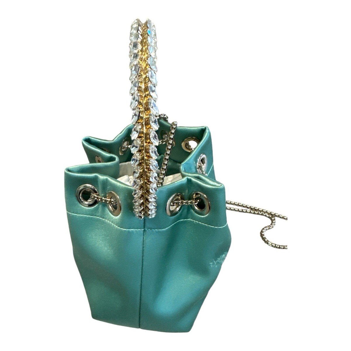 Jimmy Choo Bon Bon Bag Satin Smoke Green Bucket Bag Crystal