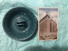PENNSYLVANIA HOTEL NYC VINTAGE ART DECO CERAMIC ASHTRAY & POSTCARD DATED 8/19/24