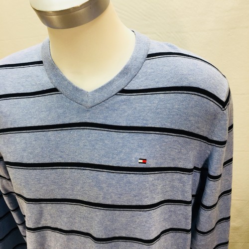 Tommy Hilfiger Men Size M Medium Blue Stripe V Neck Long Sleeve Sweater Gr2 - Picture 3 of 8