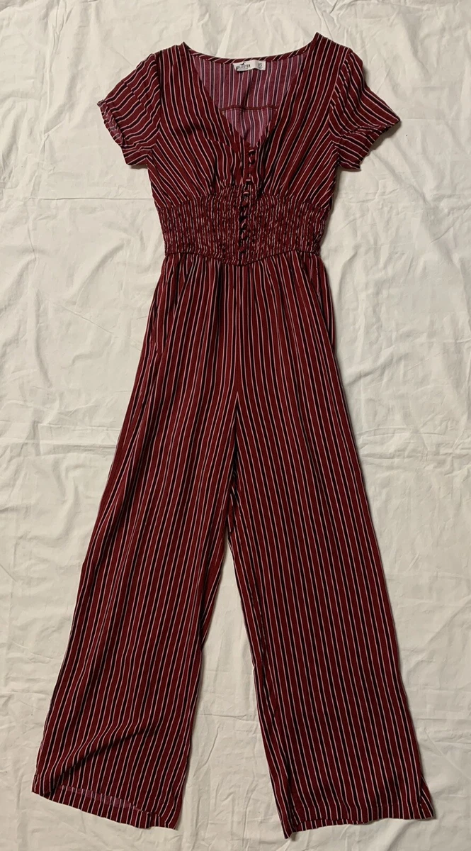 Hollister Button-Up Red Viscose Multi-Striped Cinch Waisted Jumpsuit - Size  XS