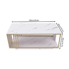 Modern 2-Tier White+Gold Coffee Table High Gloss Marble Veneer Rectangle Living 