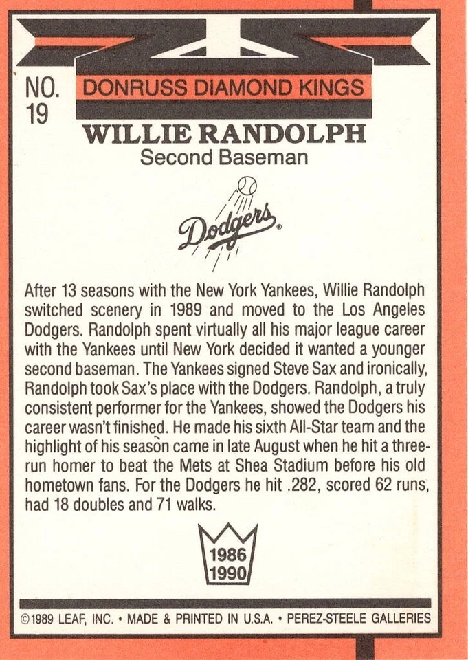 *Error de impresión* 1990 Donruss Willie Randolph Diamond Kings #19 Los Angeles Dodgers. Foto 2 de 2