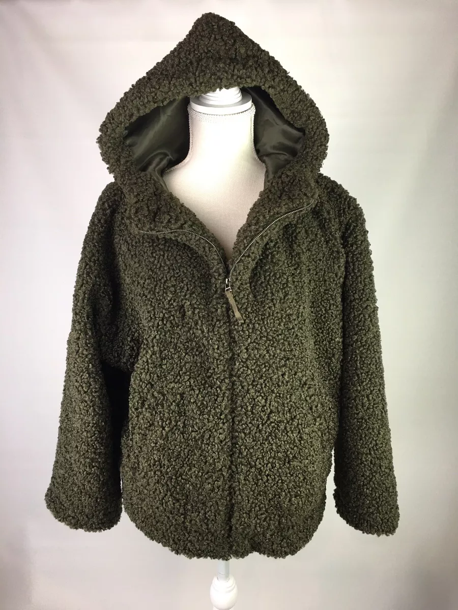 Max Studio Womens Faux Shearling Fuzzy Teddy Bear Hooded Jacket Green Size M