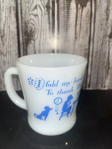 Vtg Fire King Prayer Mug I Fold My Hands. Blue White Milk Glass Cup USA