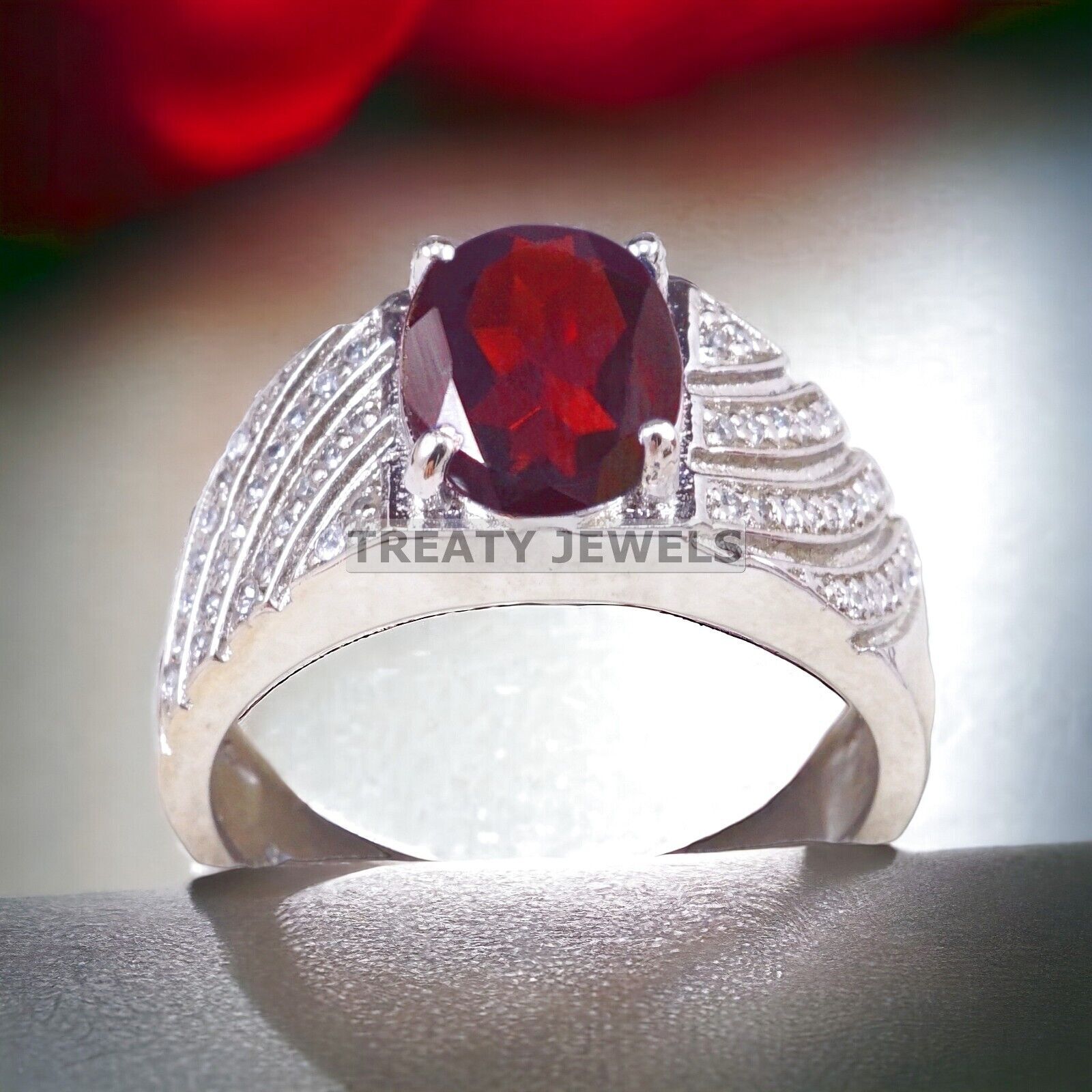Garnet Oval Cut Gemstone With 925 Sterling Silver Ring For Men's #A358 *