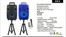 Portable 1600 Watts Peak Power 8  Speaker -KIK8 WITH STAND AND MICROPHONE