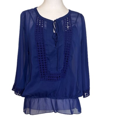 Daniel Rainn Women s Small Sheer Blouse With Tank Embroidered Tasseled Boho Blue