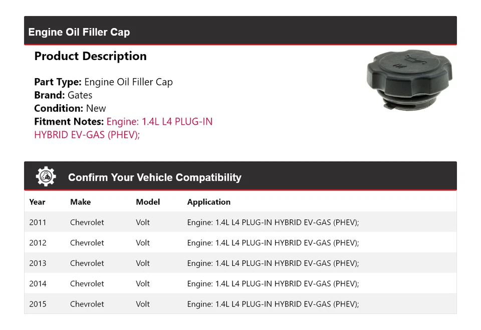 Tapa de llenado de aceite para motor Chevrolet Volt 2011-2015 puertas 2012 2013 2014 Foto 2 de 4