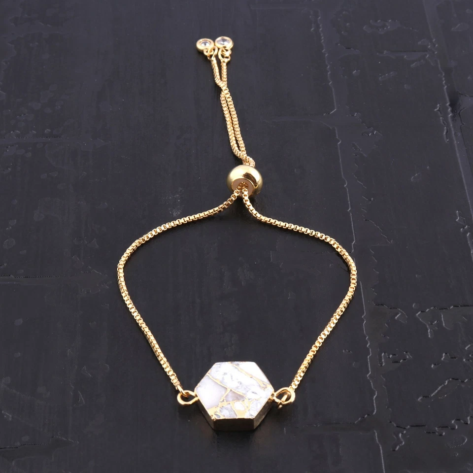 Hexagon Copper Howlite Turquoise CZ Quartz Gold Plated Adjustable Chain Bracelet - Image 3 of 3