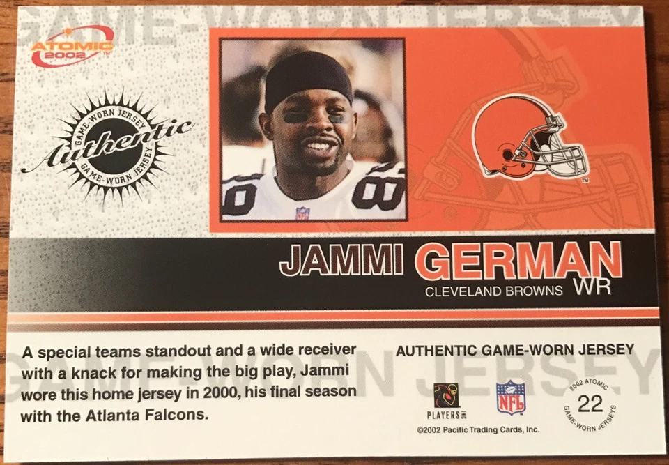 2002 Atomic Game Worn Jerseys Jammi German #22 Cleveland Browns #’d /276 - Image 2 of 2
