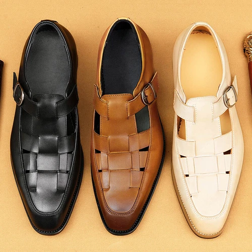 OFF WHITE Sandali eleganti formali uomo a punta in maglia vera pelle fibbia scarpe business