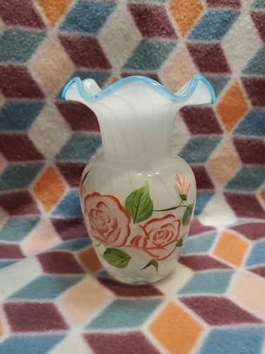 Fenton Design for Teleflora Blue Crest Opalescent Swirl Hand Painted Vase