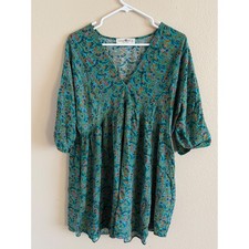 Natural Life Teal Floral Boho V-Neck Babydoll Mini Dress Women Large Rayon L