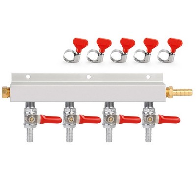4 Way Gas Manifold 5/16'' Barbed Integrated Check Valves CO2 Distributor Indep...