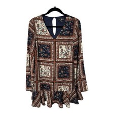 Lulu’s Brown Blue Floral Print Long Sleeve Ruffle Hem Mini Dress Size Small