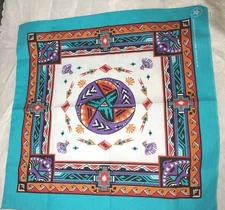 Vintage 80's Bandana Handkerchief Aztec Design Wamcraft Made in USA Turquoise 