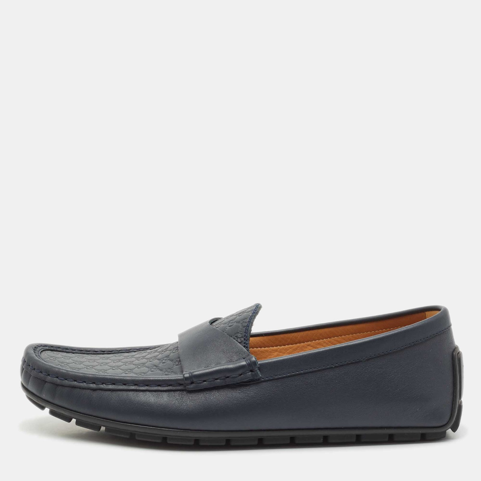 Gucci Navy Blue Microguccisma Leather Slip-On Loafers Size 41