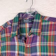 Polo by Ralph Lauren Plaid Western Shirt Pearl Snap Medium Purple Green Orange