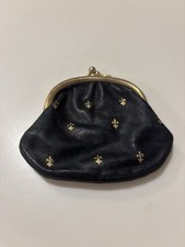 Vintage Italian Black Gold Fleur de Lis Kiss Lock Leather Coin Purse Wallet